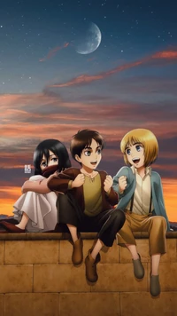 Amigos en una azotea al anochecer: Armin, Eren y Mikasa disfrutando de un momento juntos.