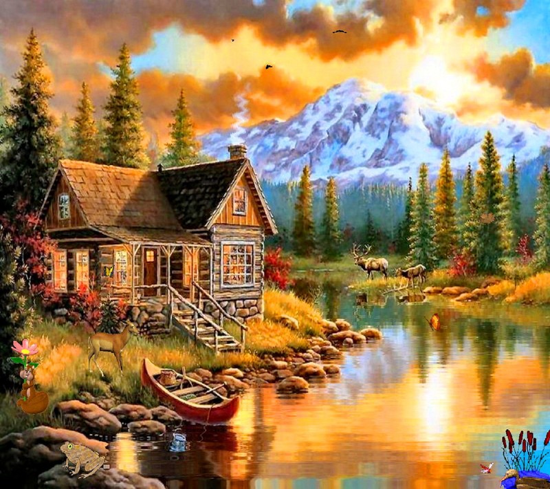 Painting of a cabin by a lake with a boat and a mountain in the background (paradise, suburban)