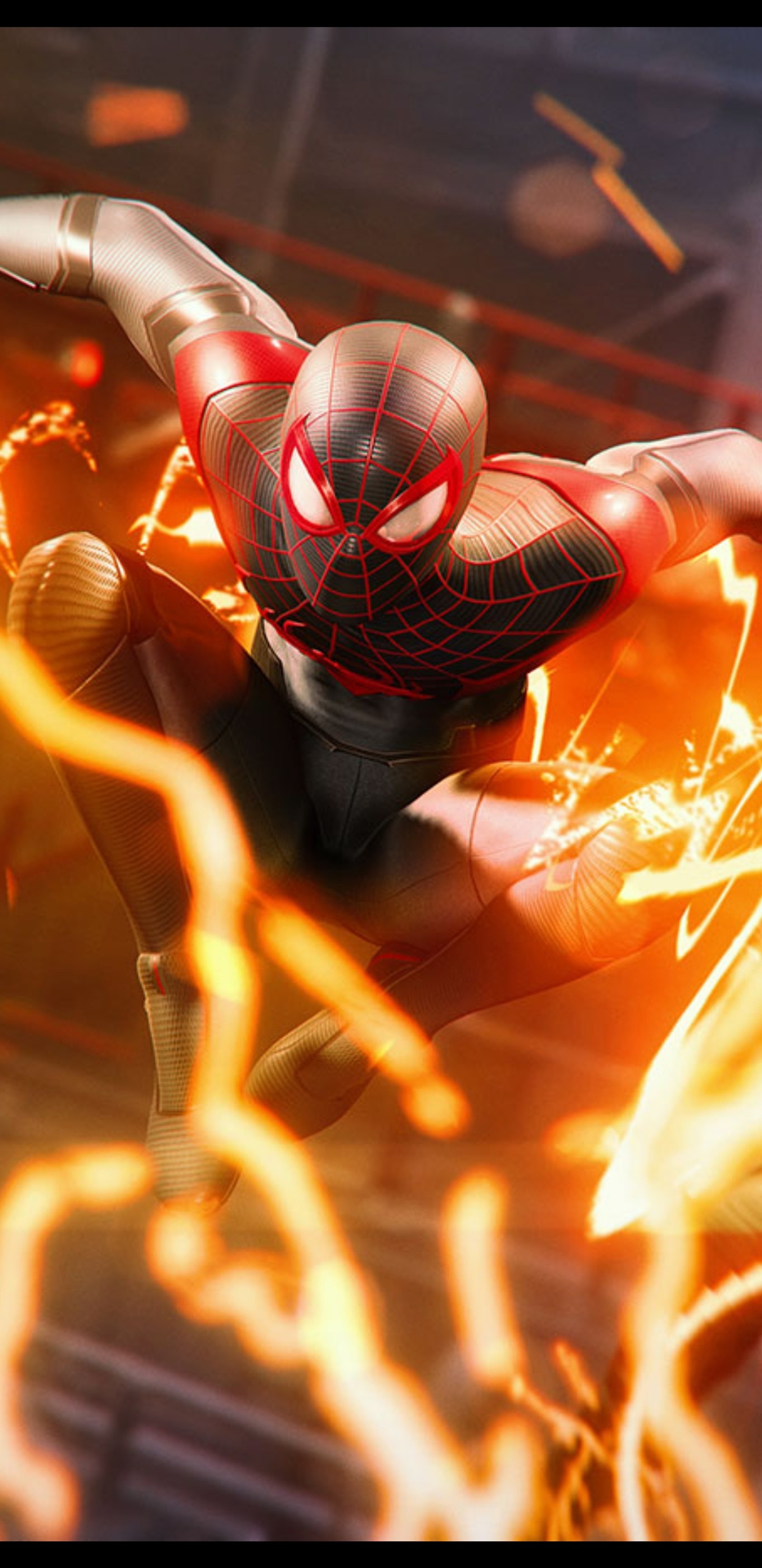 Spider - man in a suit flying through the air with a flash (cool, game, iphone wallpaper, miles, miles morales)