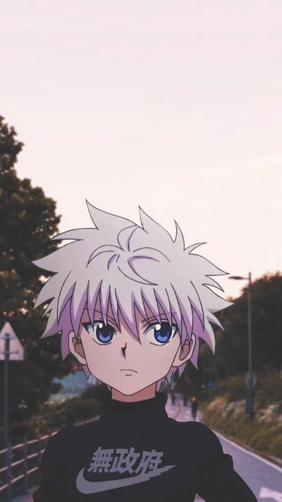 Killua Zoldyck de Hunter x Hunter en un camino pintoresco