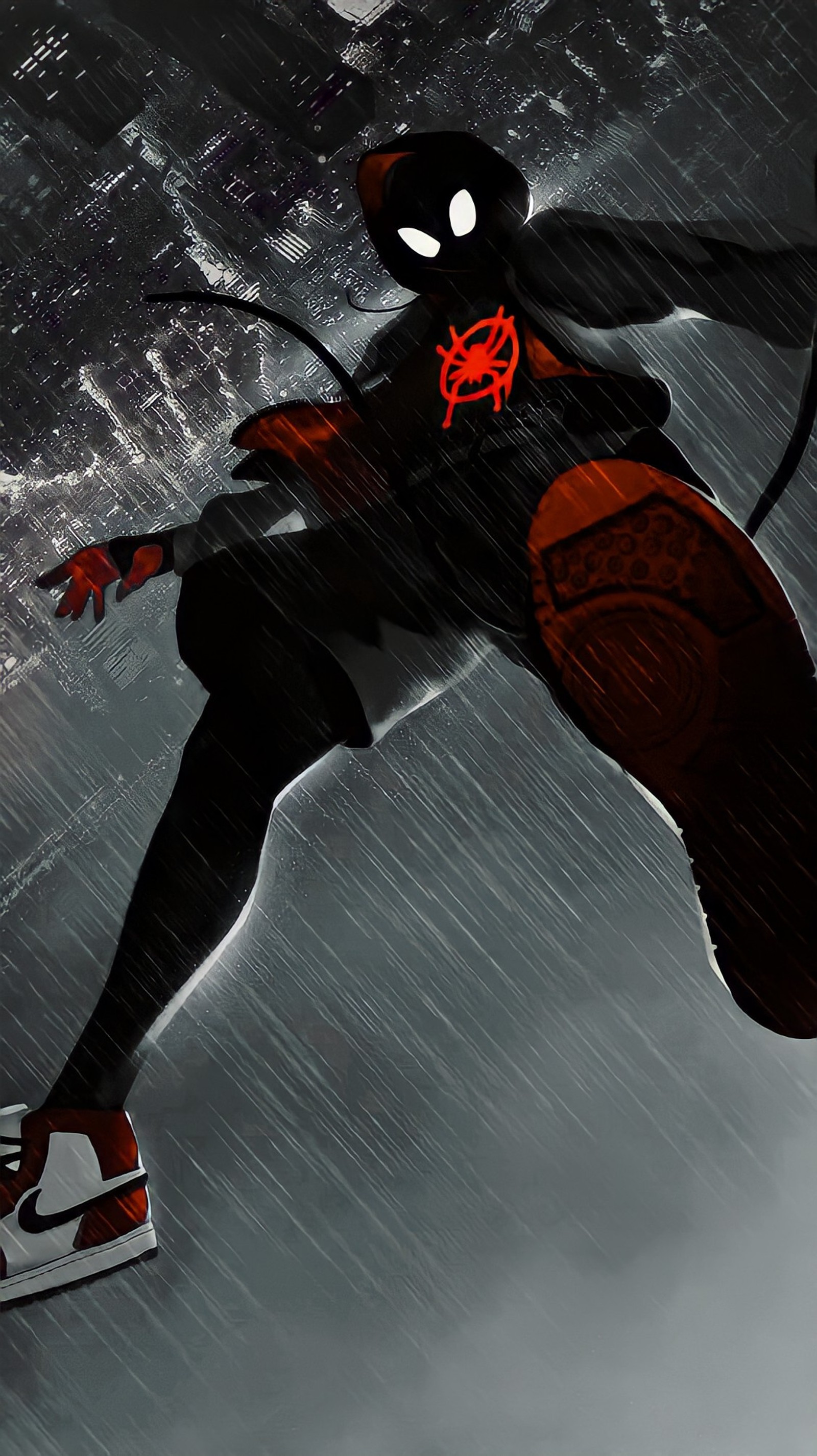 Spider - man in the rain with a red and black outfit (miles morales, spider man miles morales, spider vers)