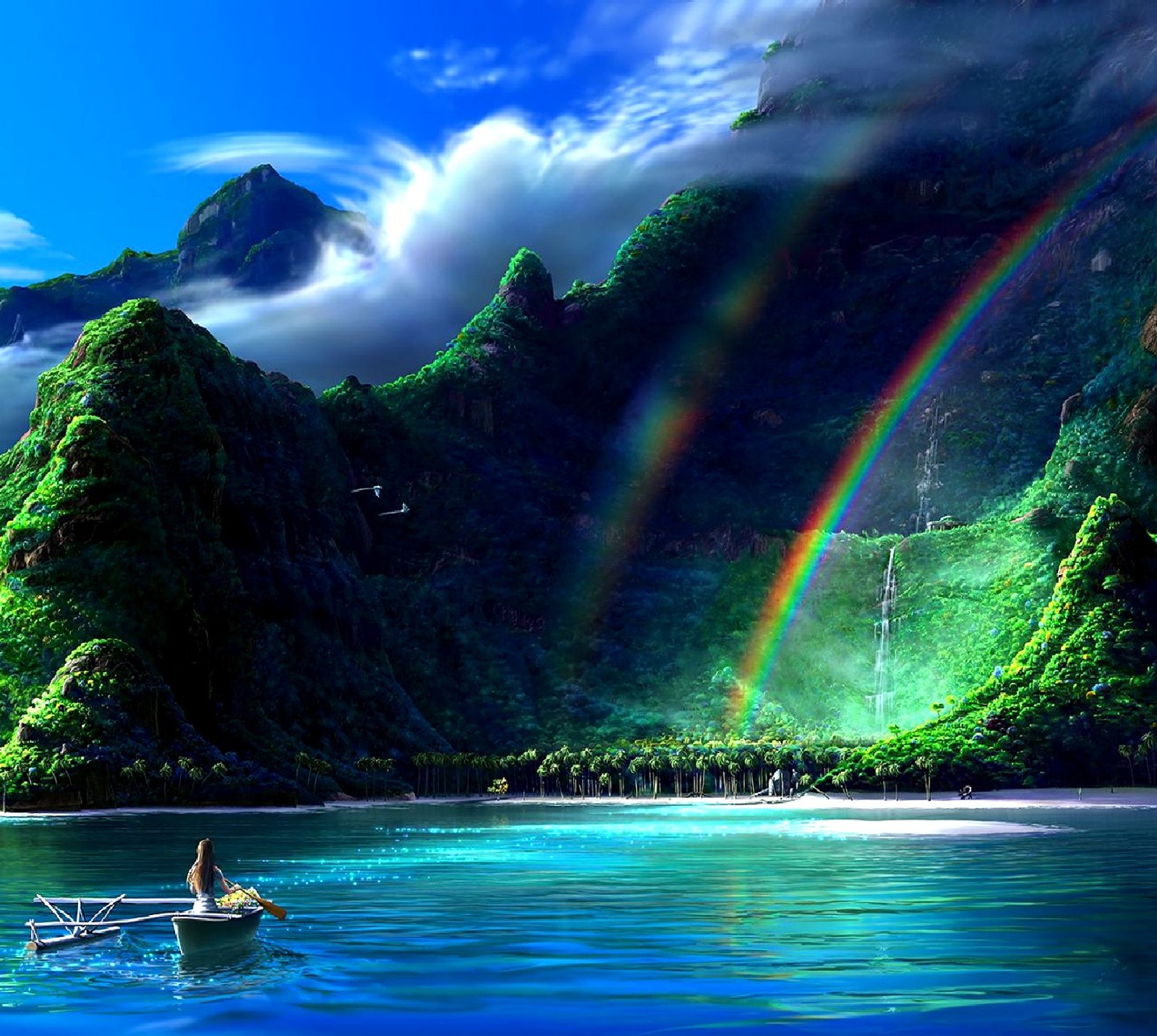 There is a man in a boat in the water with a rainbow (nature)