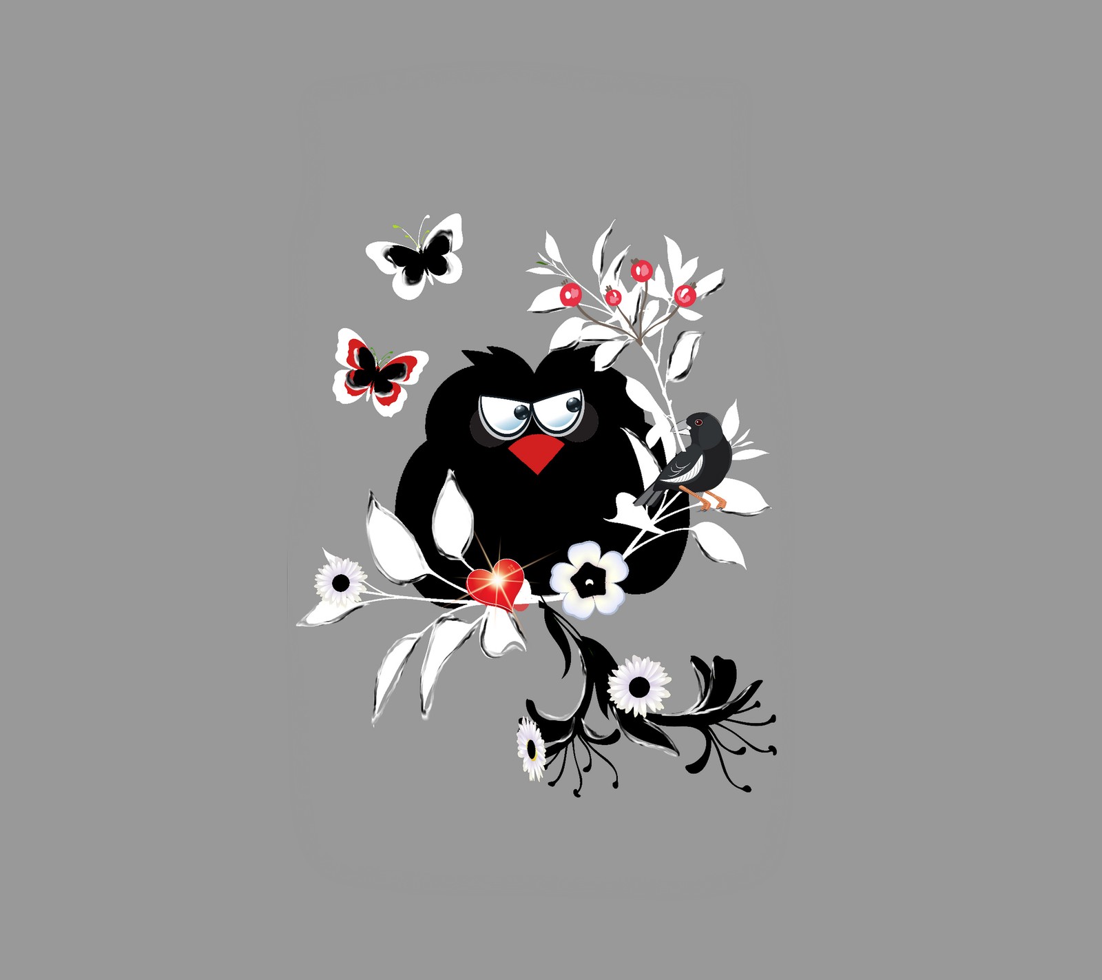 There is a black bird with a red heart on a branch (black, design, owl)