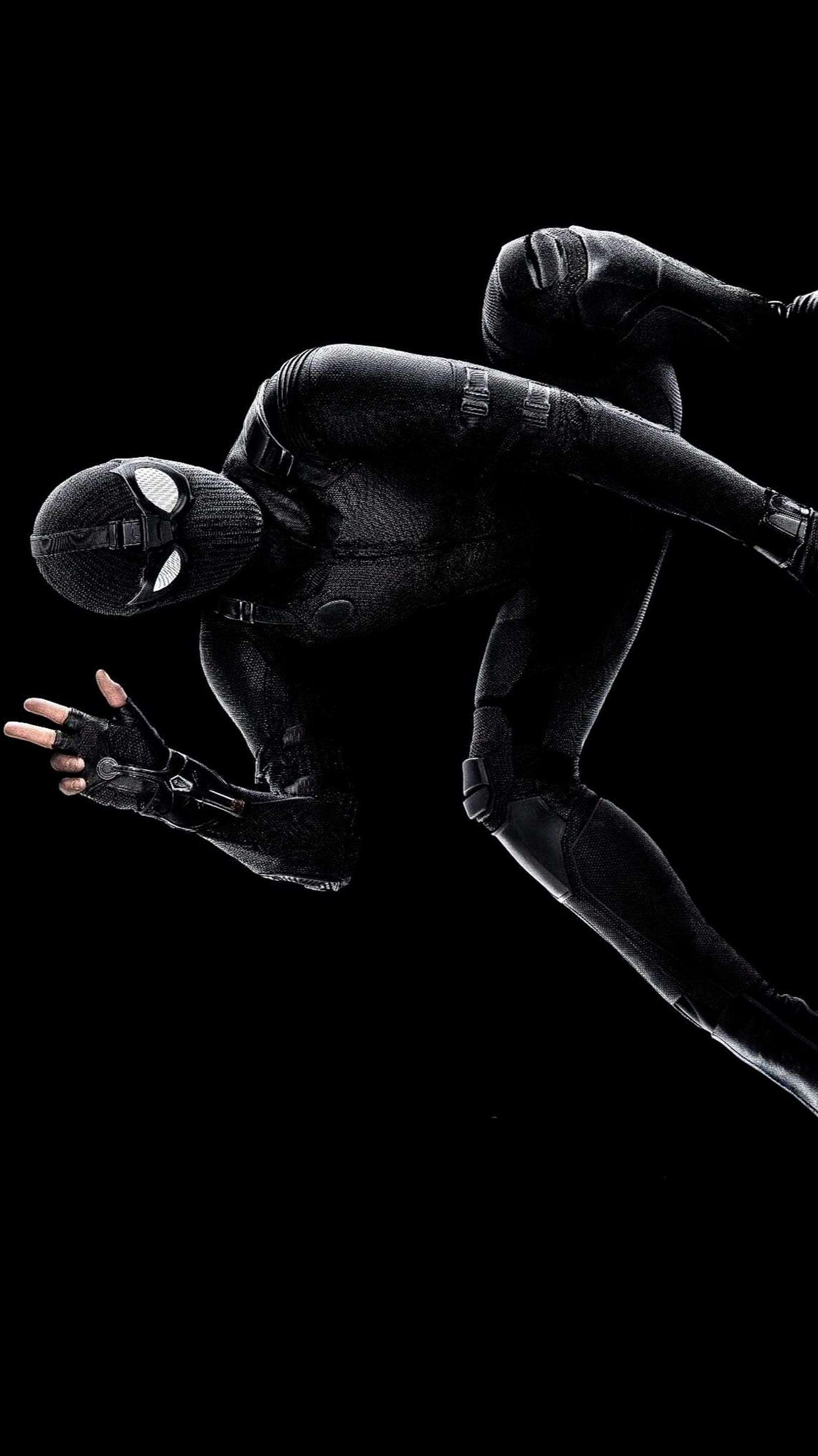 Spider man in black costume jumping in the air (art, marvel, spider man far from home, spiderman, superheroes)