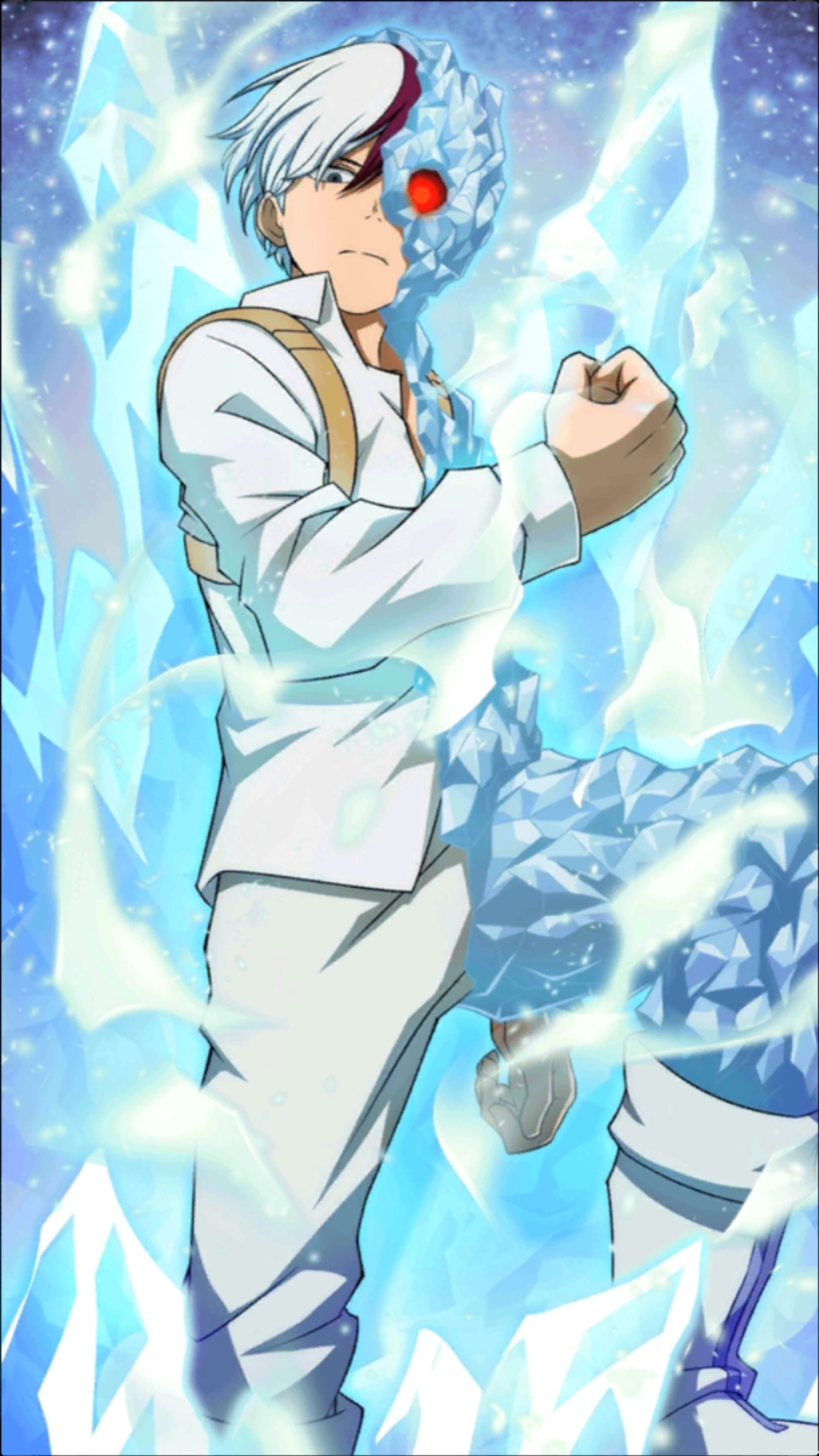 Personagem de anime com um olho vermelho e um traje branco (anime, herói, shoto todoroki)