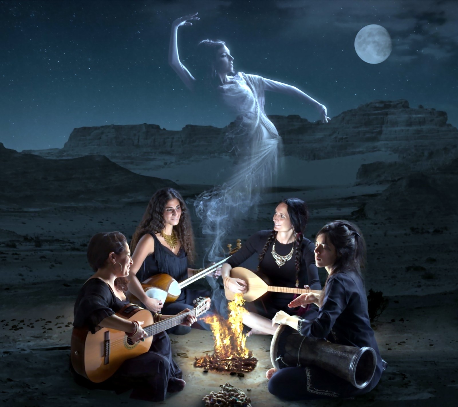 Three women sitting around a campfire with a guitar and a candle (art, design, fantasy, painting)