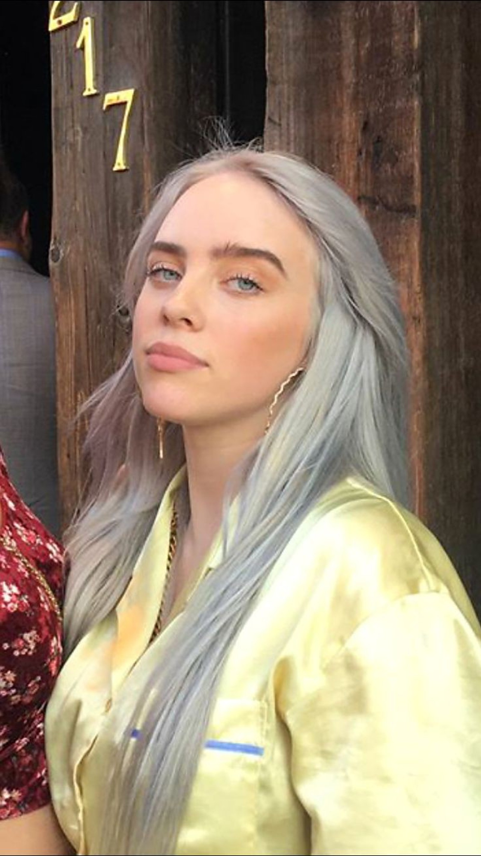 Blonde woman with blue eyes and long gray hair standing next to a woman with a red dress (bad guy, billie eilish, grammy, pop)