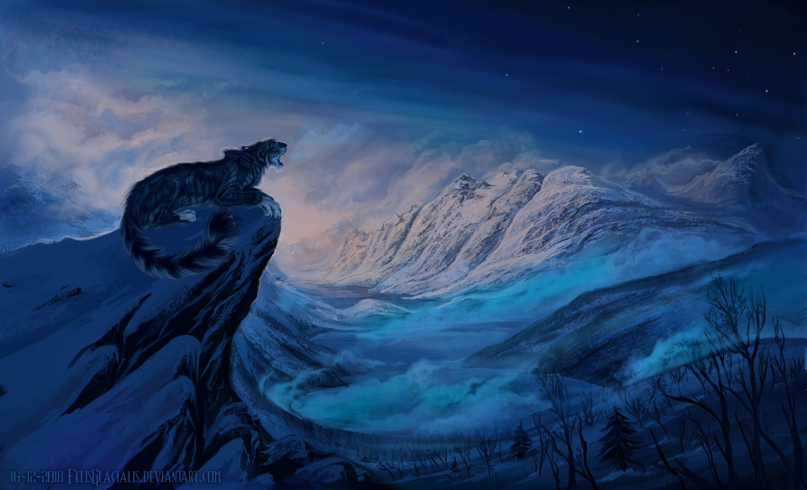 Painting of a cat sitting on a rock in the middle of a snowy mountain (tiger, nature, atmosphere, space, mountain)