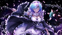 Rem from Re:Zero in a striking dark fantasy setting, wielding a spiked weapon amidst swirling chains and stars.