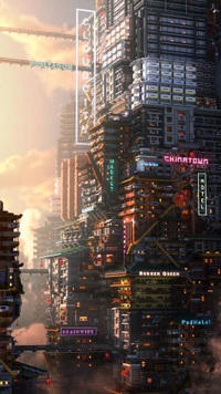 Paysage urbain futuriste : Un paysage de ville cyberpunk avec des gratte-ciel imposants et des enseignes au néon