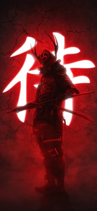 samurai, arte, telefone, vermelho, camiseta