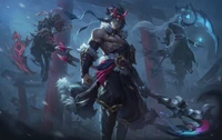 Kayn de League of Legends em um papel de parede dinâmico em 4K, mostrando suas duas formas e uma atmosfera dramática.