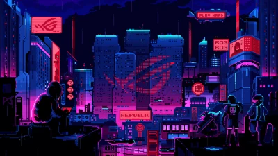 Paysage urbain néon : logo ROG en pixel art la nuit