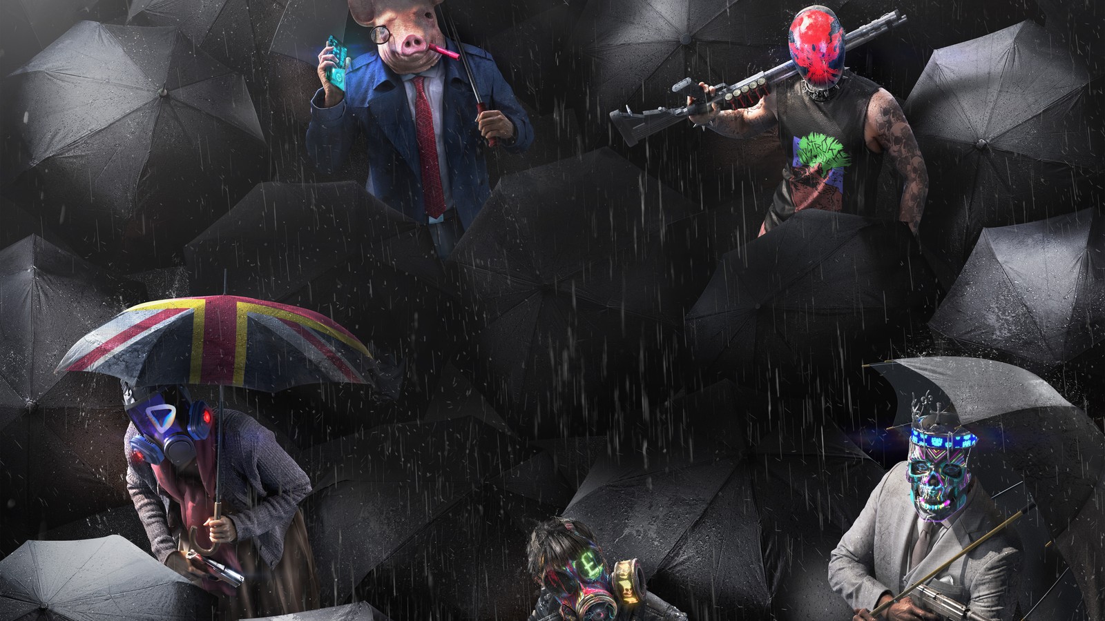 Plusieurs personnes avec des parapluies et des masques sous la pluie (watch dogs legion, jeu vidéo, watch dogs 3, masque)