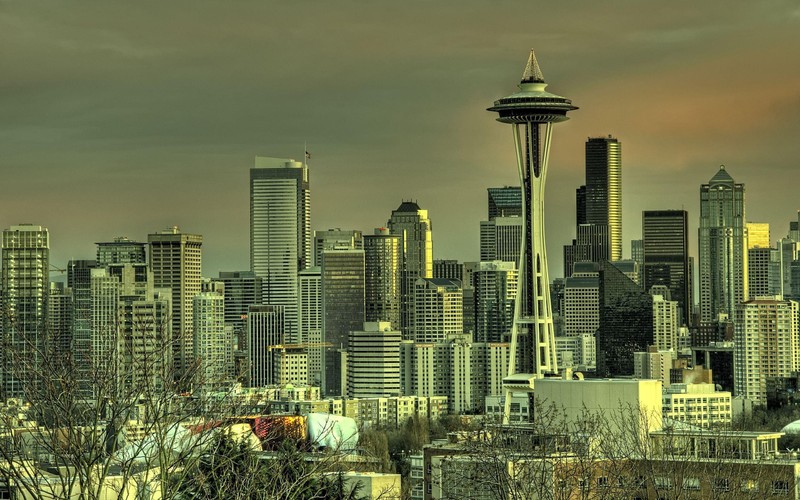 Вид на город с высоким зданием в центре (сиэтл, сиэтлская башня, space needle, город, городской пейзаж)