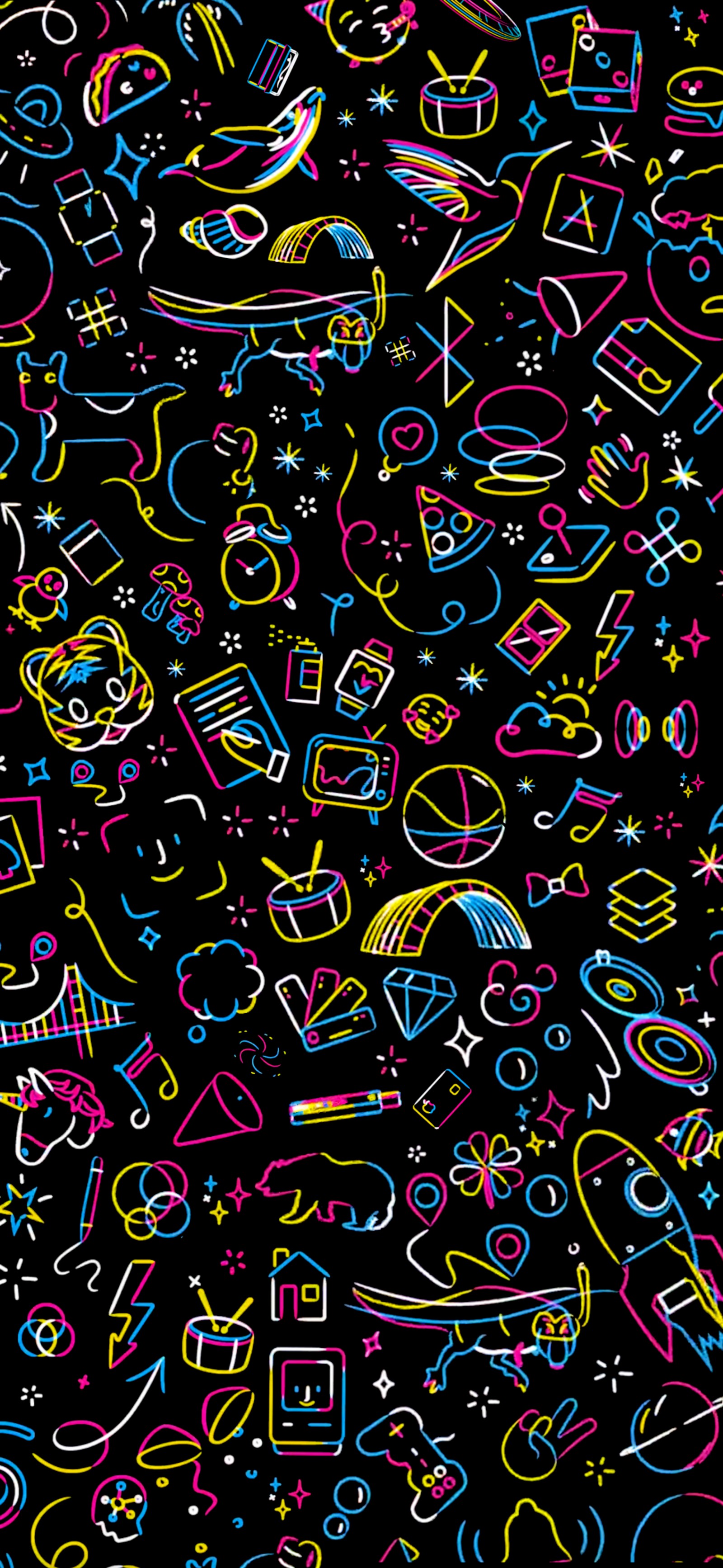 A close up of a black background with a lot of neon signs (apples, art, pattern, circle, magenta)