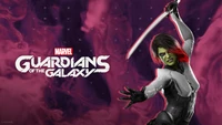 Gamora des "Gardiens de la Galaxie" de Marvel brandissant une épée dans une pose d'action.