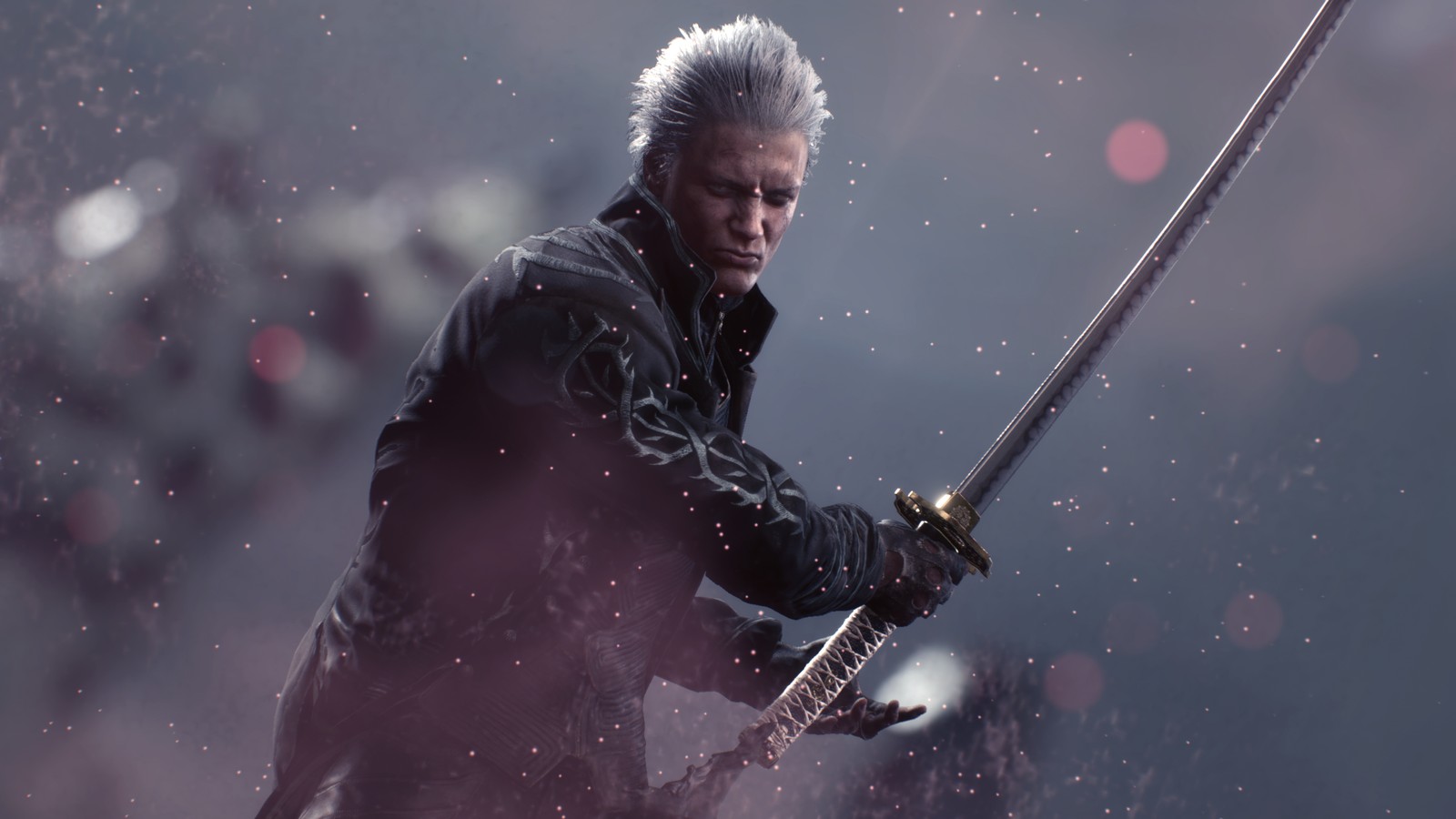 A close up of a person holding a sword in a snowy field (vergil, katana, devil may cry 5, video game)