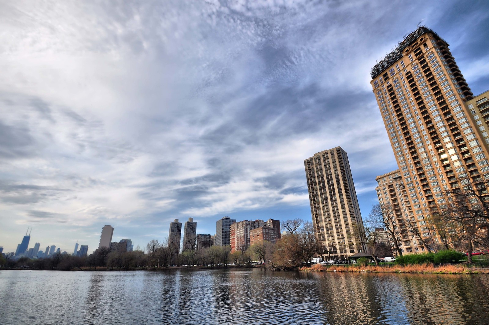 Des bâtiments se trouvent en arrière-plan d'un lac et de la ligne d'horizon d'une ville (chicago, ville, gratte ciel, paysage urbain, zone urbaine)