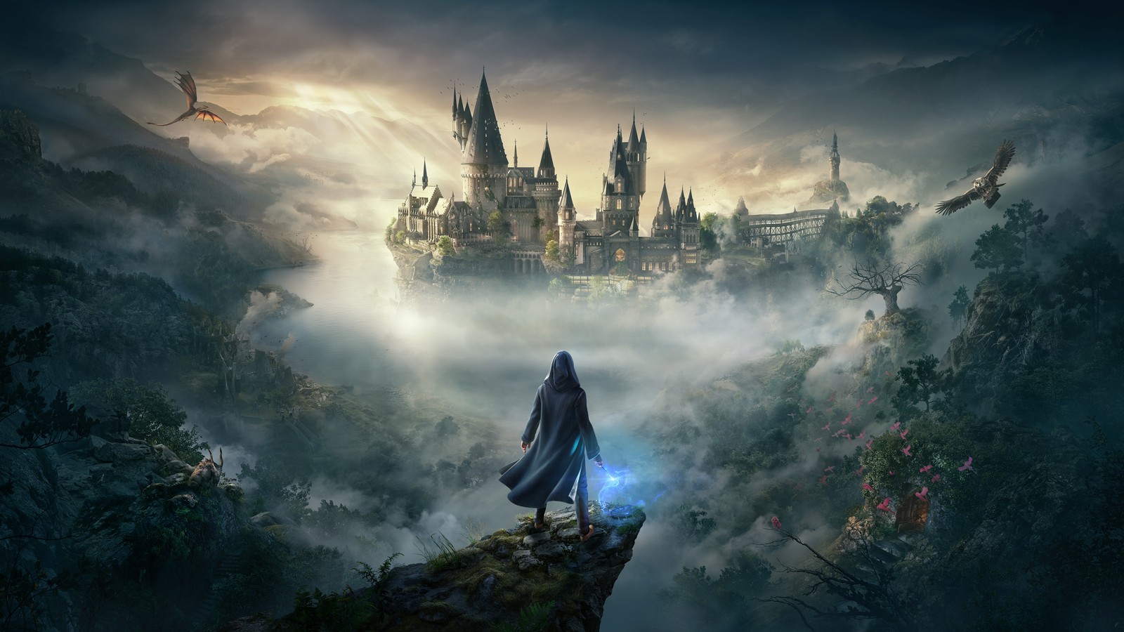 Uma pessoa em pé em um penhasco com um castelo ao fundo (hogwarts legacy, jogos 2023, jogos de pc, playstation 5, nintendo switch)