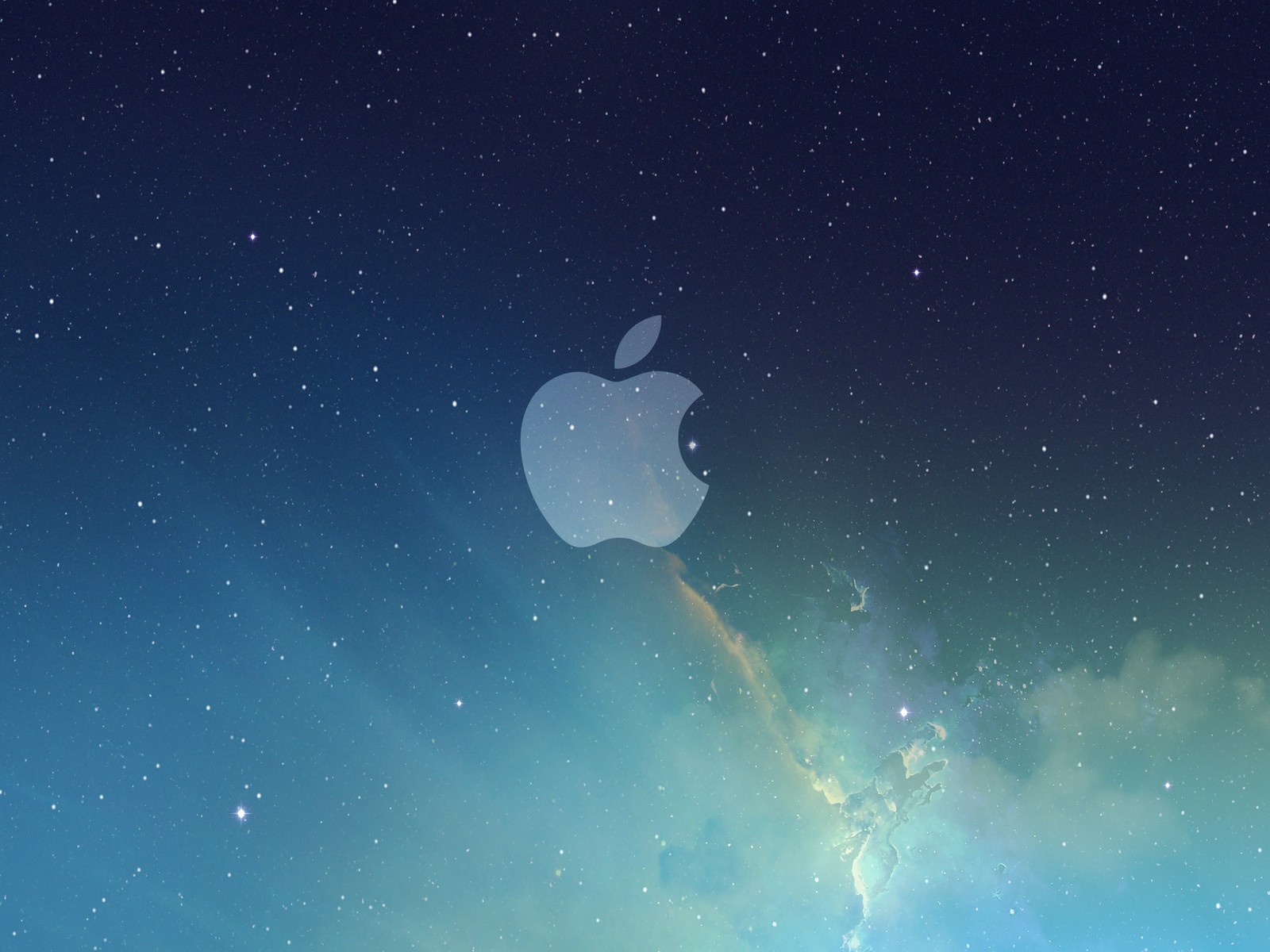 Logo da apple em um fundo azul com estrelas e uma nebulosa (ios 7, ios, maçã, azul, atmosfera)