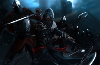 Ezio Auditore Engaged in Battle Against Shadows in a Dark Medieval Setting