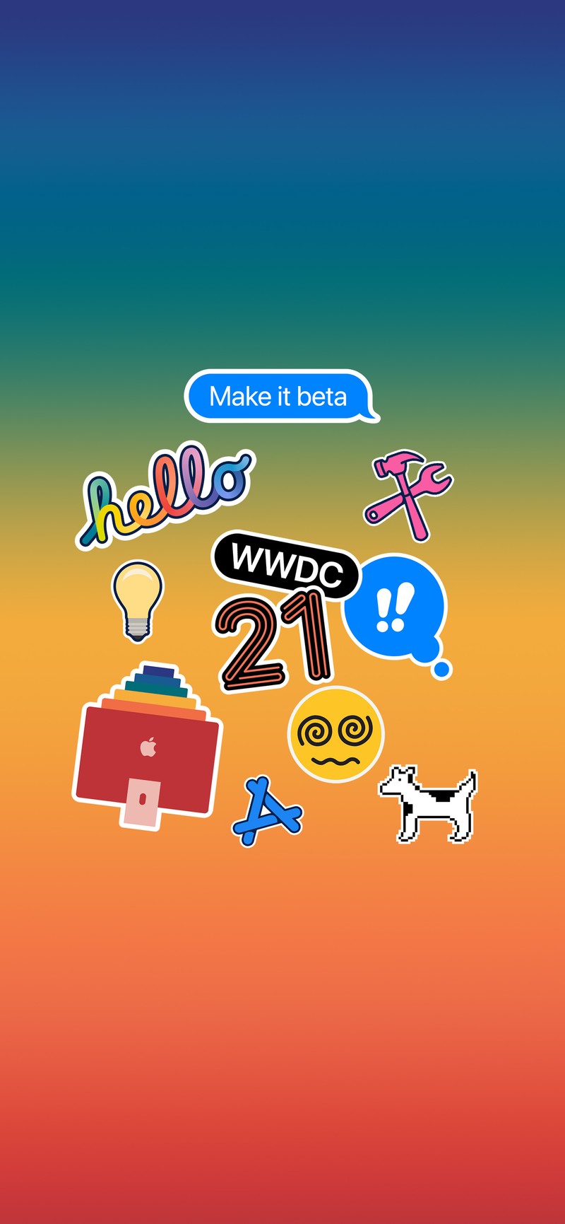 Картинка с ярким фоном, наклейками и собакой (яблоки, яблоко, iphone, wwdc21, оранжевый)