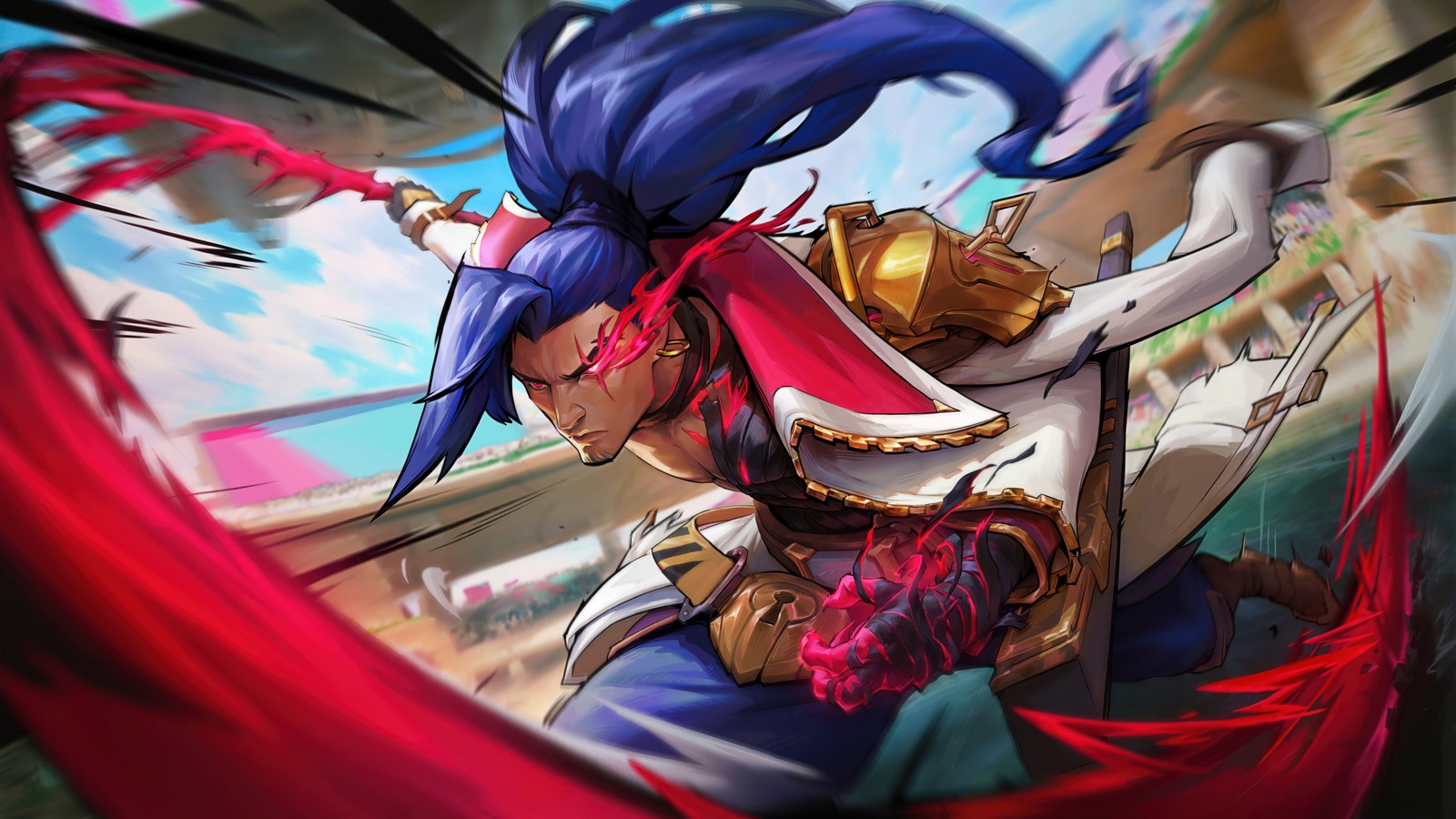 A close up of a person on a horse with a sword (soul fighter, yasuo, lol, league of legends, video game)