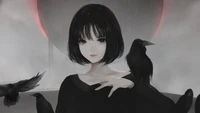 Fille d'anime entourée de corbeaux dans une atmosphère mystique