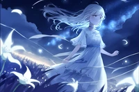 anime girl, night, surreal, blue background, starry sky wallpaper