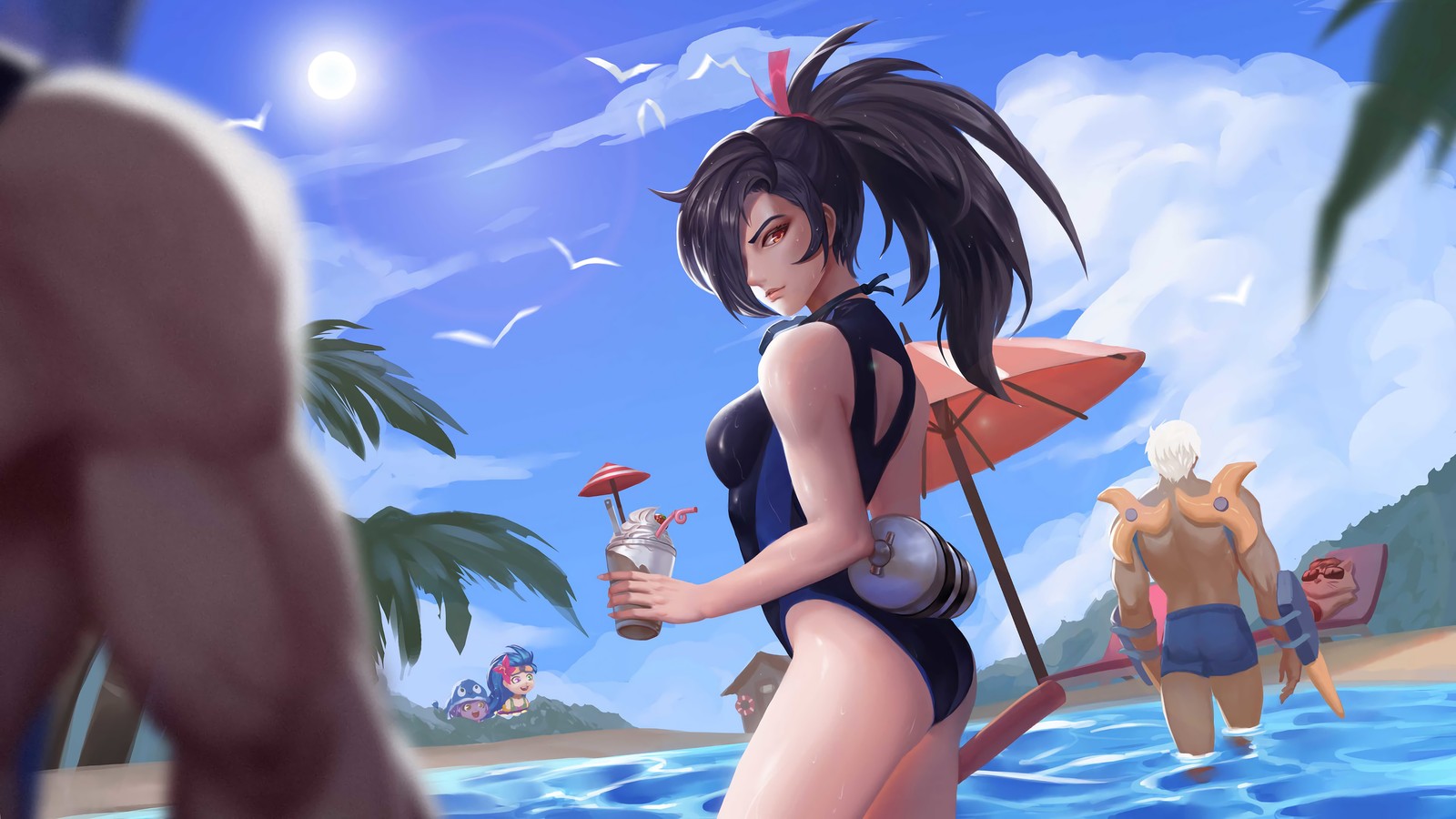 Fille anime en maillot de bain marchant sur la plage avec une boisson (akali, lol, league of legends, jeu vidéo)