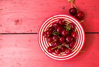 cherries, cherry fruits, bowl of fruits, wooden background, food