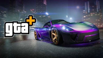 Hipercoche vibrante en GTA Online con fondo de luces de la ciudad