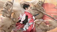 Elegant Samurai Girl Amidst Mythical Warriors in a Fantasy Realm