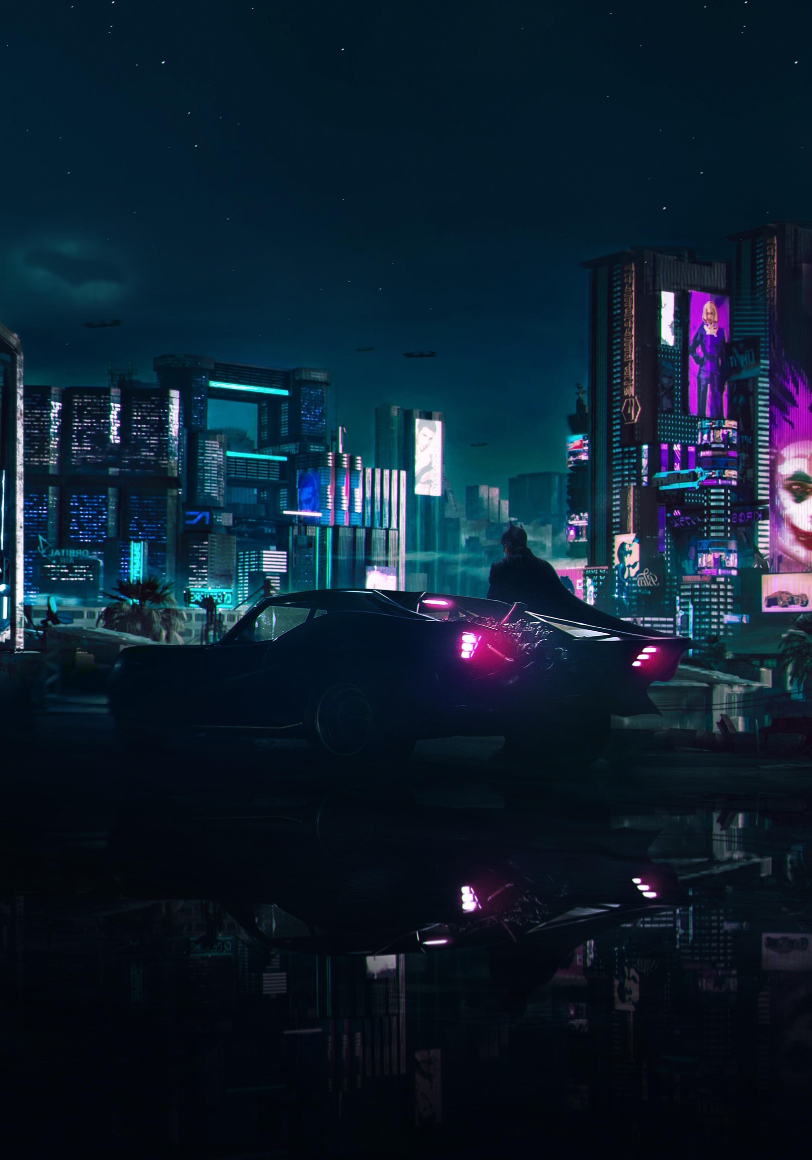 Cyber city at night with a car and neon lights (batman, cyberpunk, batmobile, neon, graphics cgi)