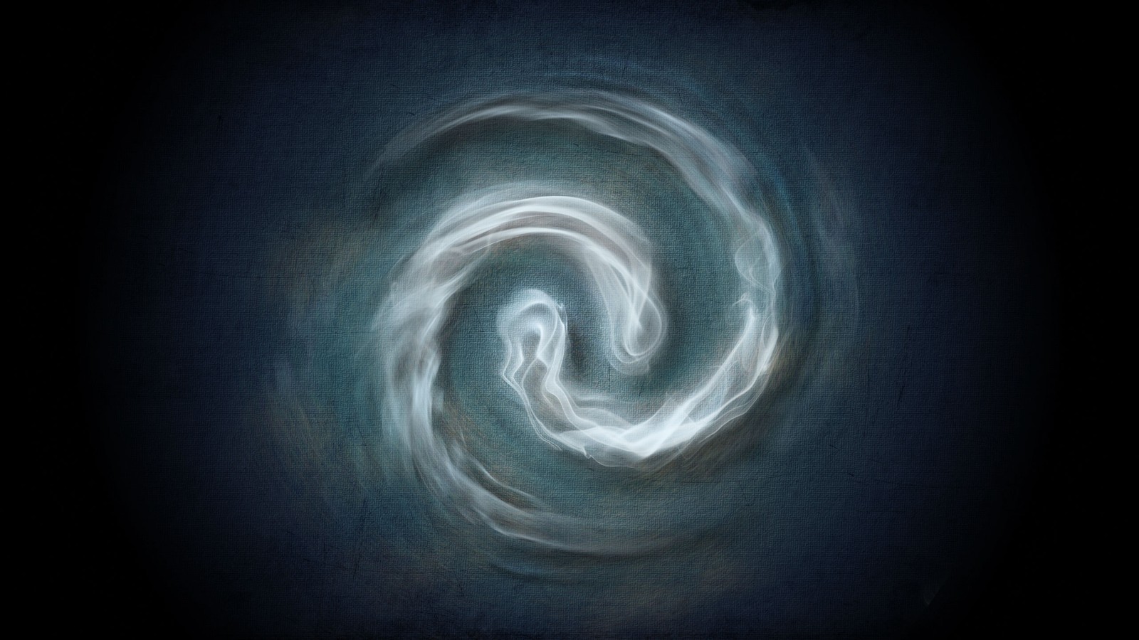 Uma pintura de uma espiral de fumaça branca em um fundo escuro (vórtice, espaço, ar, símbolo, céu)