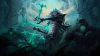 Viego, o Rei Arruinado, comandando as sombras em uma paisagem assombrosa de League of Legends.