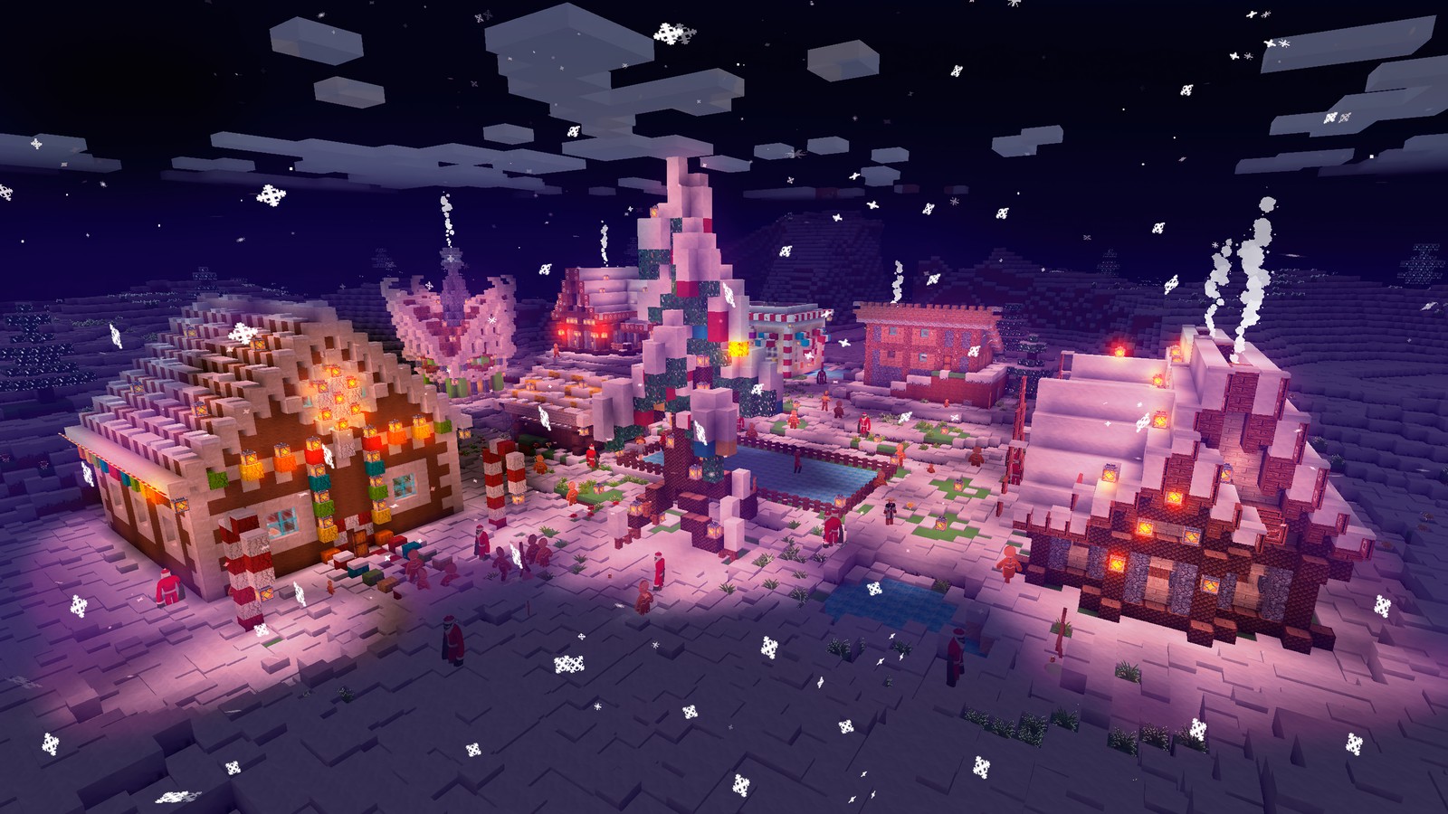 christmas, holiday, village, minecraft, video game wallpaper