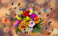 Vibrant Flower Bouquet Surrounded by Colorful Butterflies