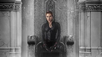 Natasha Romanoff as Black Widow, poised on a throne amidst a dramatic, cracked marble backdrop, embodying strength and resilience.