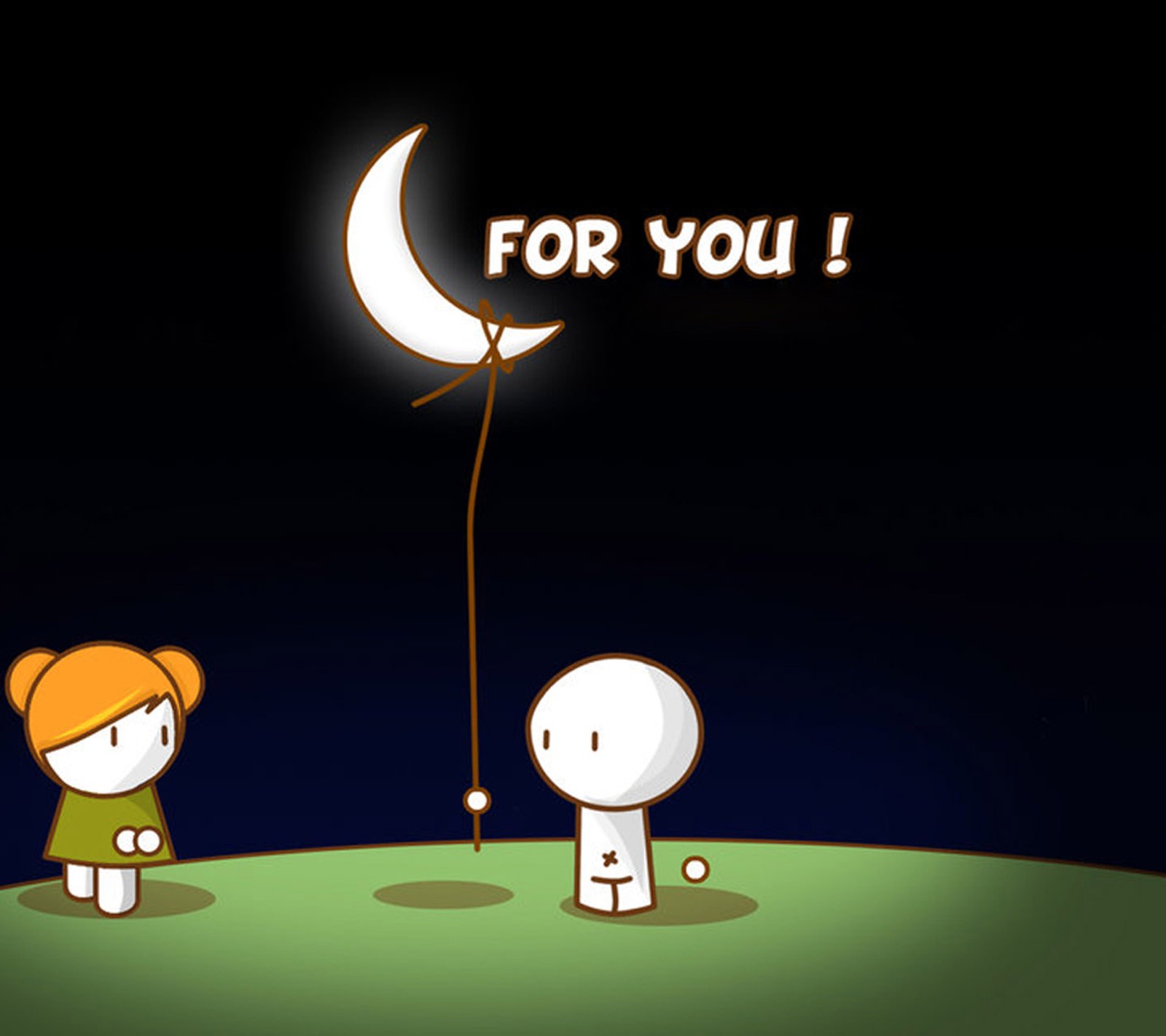 Cartoon of a man and a woman standing in the grass with a moon in the sky (cute, love, me, moon, you)