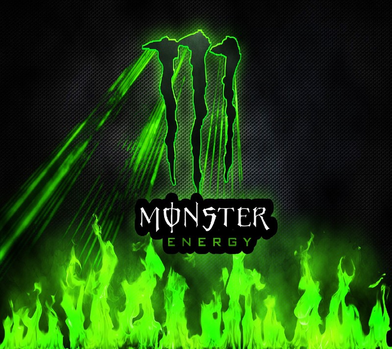 Логотип monster energy на черном фоне с зелеными пламенями (монстр)