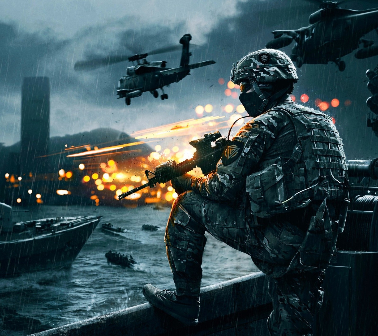 Soldat arabe en camouflage assis sur un bateau sous la pluie (battlefield 4, fps, tireur, guerre)