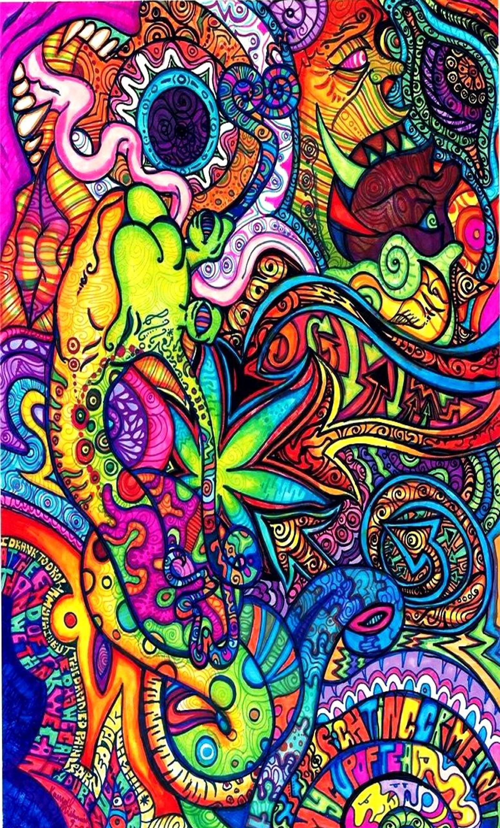 A drawing of a colorful abstract painting with lots of different colors (color, marihuana, peace, rainbow)