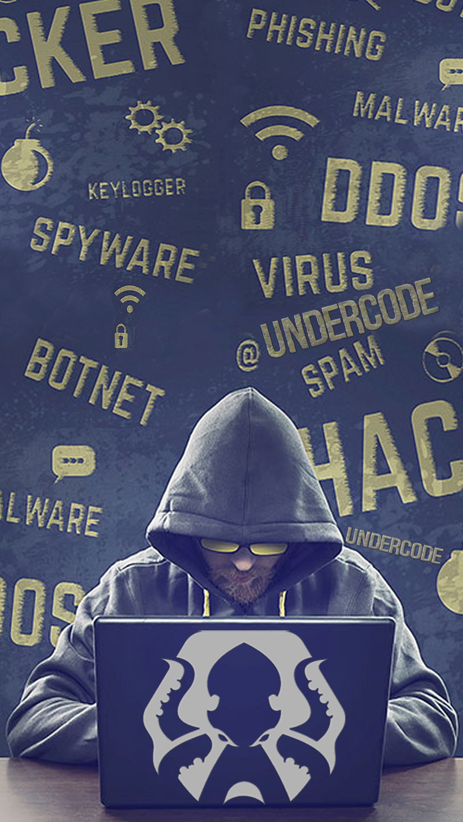 Verschwommenes bild eines mannes in einem hoodie, der an einem tisch mit einem laptop sitzt (bonet, hacker, oktopus, pulpo, spyware)