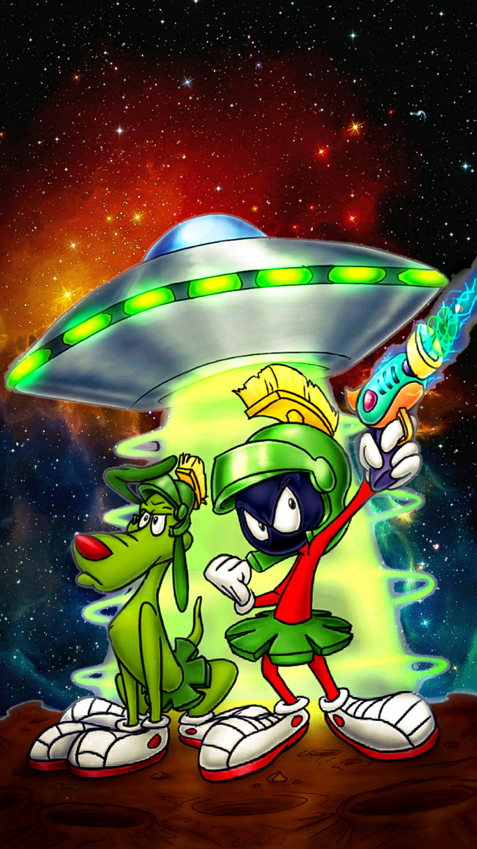 Cartoon of a martian with a gun and a dog in front of a spaceship (bugs bunny, cartoon, colorful, galaxy, loony toons)