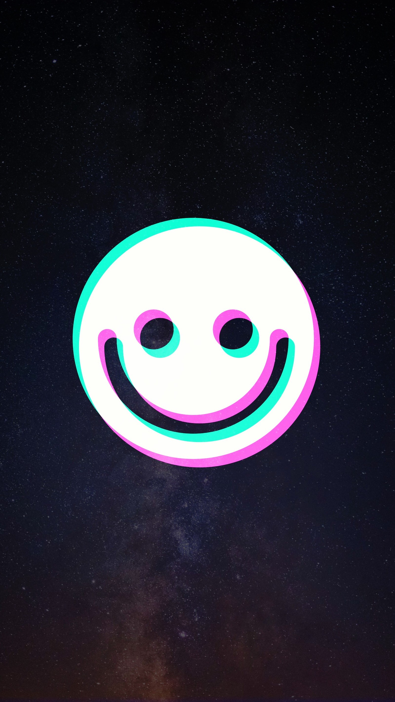 There is a smiley face with a neon light in the middle of it (black, dark, emoji, offset, simple)