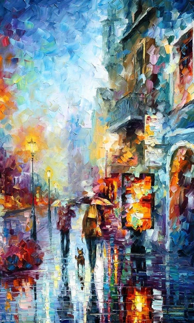 afremov, cidade, noite, pintura, chuva