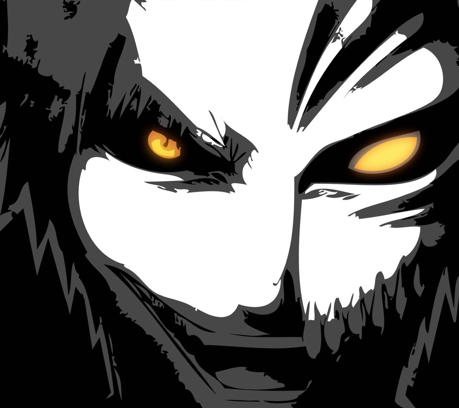 A close up of a black and white anime character with yellow eyes (bleach, hollow, ichigo)