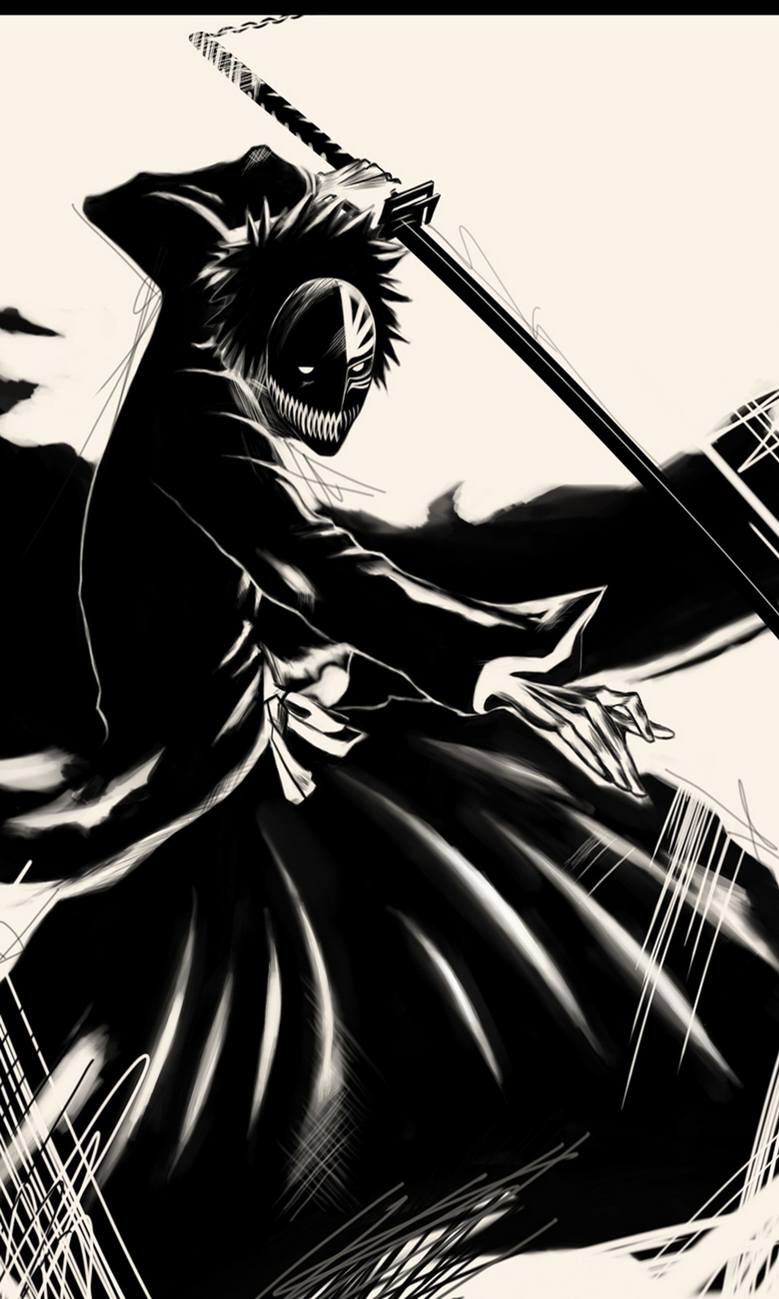 Anime character with a sword in a black and white drawing (anime, bleach, kurosaki)